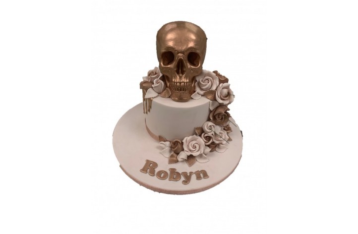 Rose Gold Skull & Flowers Cake